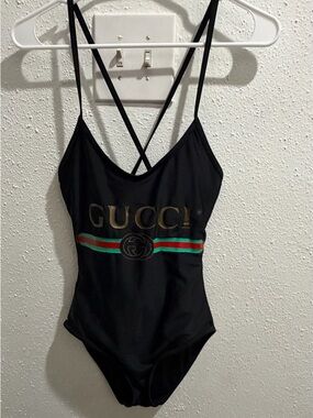 Gucci Black Logo One-Piece with Red and Green Stripe